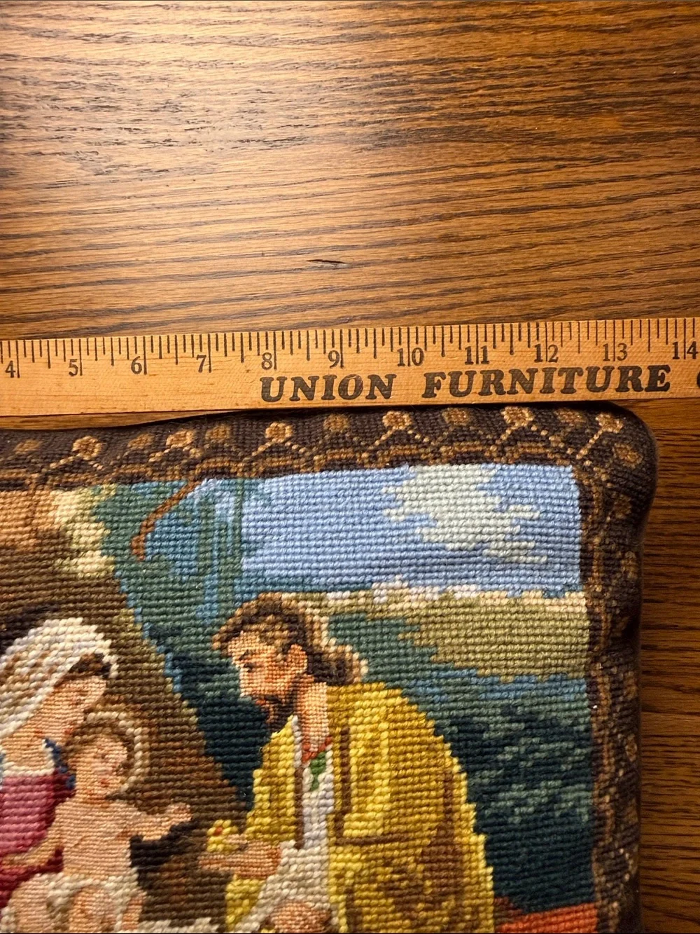 Vintage Christmas Needlepoint Pillow Wool Family Scene Peking Handicraft
